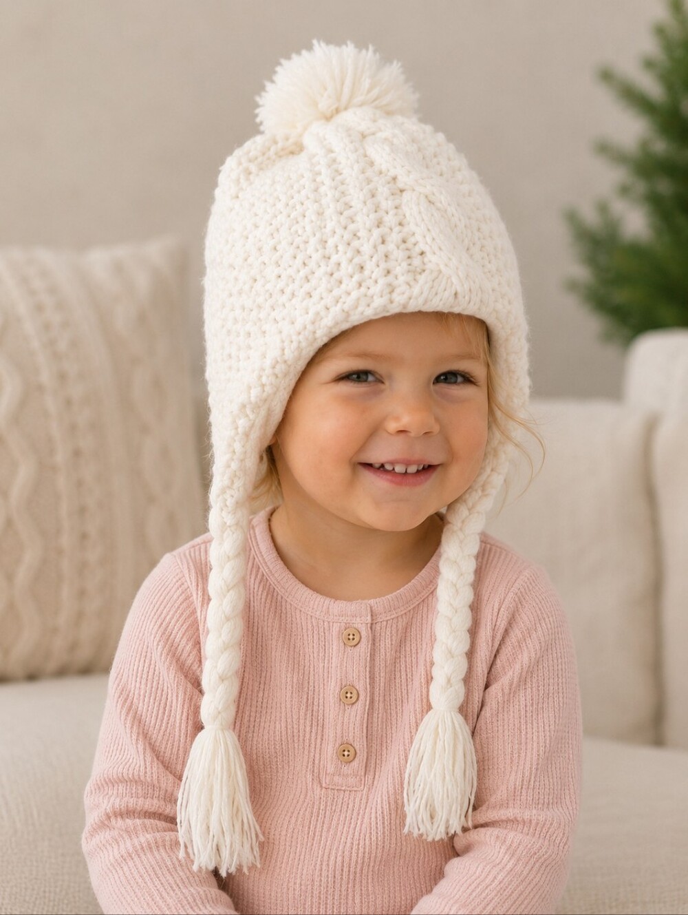 5/$35 Joe Fresh Girls Knit Hat S 6 White Cable Pom Pom Ear Flap Fleece Lined